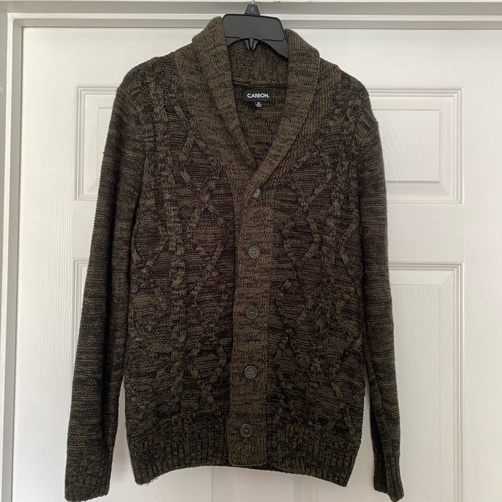 Mens Casual Dark Green Cardigan Sweater with Buttons